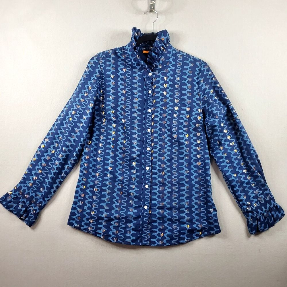 Oliphant Blue & Gold Button Front Top Sz L Ruffle Collar & Cuff Geometric Hearts